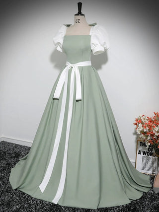 A-Line Puff Sleeves Satin Green Dress