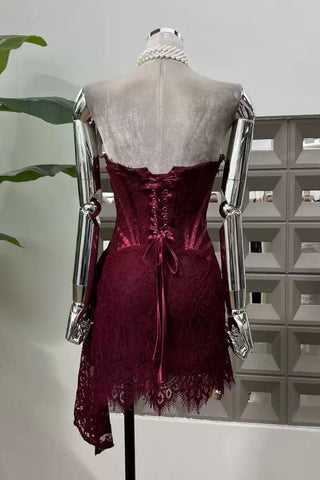 Burgundy Lace Overlay Bustier Mini Dress