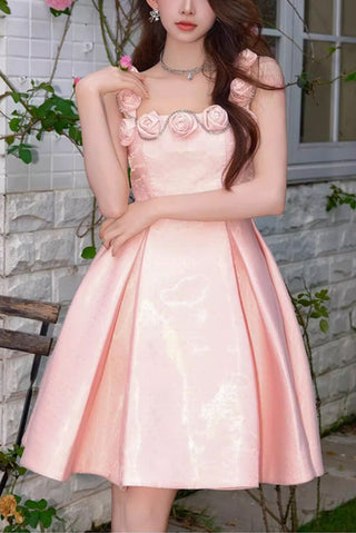 RHINESTONE ROSE APPLIQUE MINI DRESS IN PINK