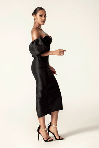 Tiffany Dupioni Puff Sleeve Maxi Dress (Black)