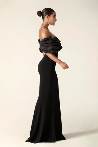 Presley Crepe Ruffle Shoulder Gown Dress (Black)