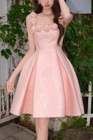 RHINESTONE ROSE APPLIQUE MINI DRESS IN PINK