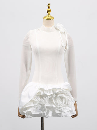 3d flower hem Mesh mini dress in white