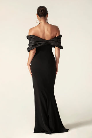 Presley Crepe Ruffle Shoulder Gown Dress (Black)