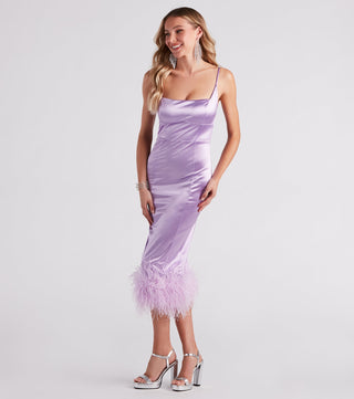 Sofia Formal Satin Feather Midi Dress