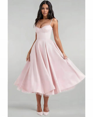 Satin Corset Tulle Layered A-Line Midi Dress - Baby Pink