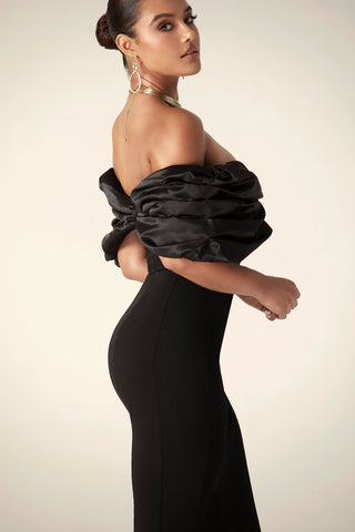 Presley Crepe Ruffle Shoulder Gown Dress (Black)