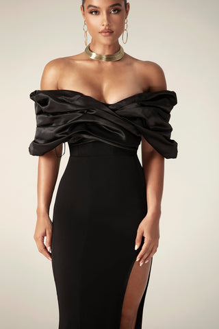 Presley Crepe Ruffle Shoulder Gown Dress (Black)