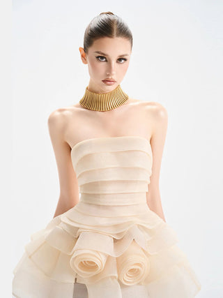 coral off-shoulder layer trim flower mini dress in apricot