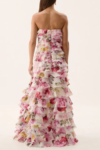 cathy floral print Pleated layer strapless maxi dress in pink