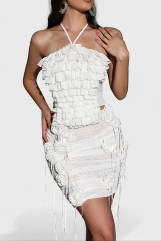 helen Halter Ruched Mesh Floral Mini Dress in white