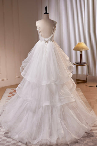 White V-Neck Tulle A-Line Dress