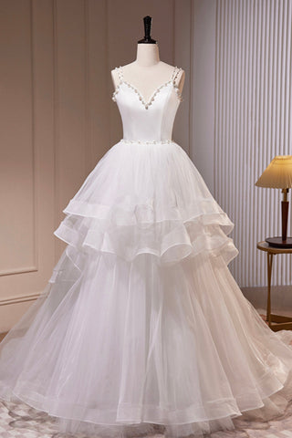 White V-Neck Tulle A-Line Dress