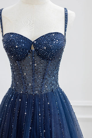 Blue Tulle Beaded Prom Dress