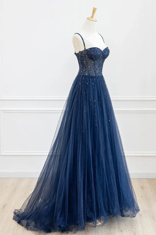 Blue Tulle Beaded Prom Dress