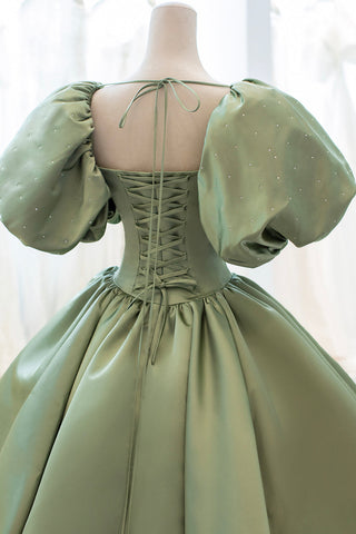 Green Satin Puff Sleeves Prom Dress