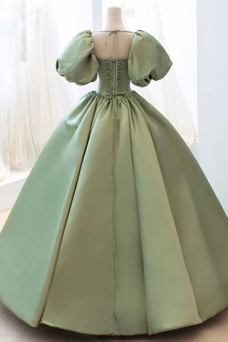 Green Satin Puff Sleeves Prom Dress