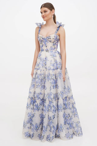 Floral Sweetheart Neck Frill Maxi Dress