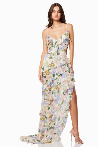 Floral V-Neck Frill Slip Maxi Dress