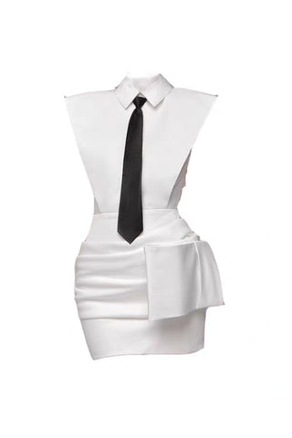 White Bowknot Mini Dress With Necktie