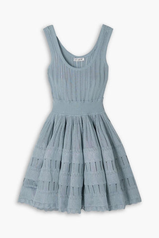 ribbed pointelle knit mini dress in blue