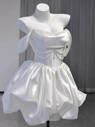 White Satin Beaded Off Shoulder Mini Dress