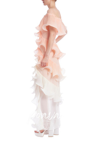 DORA PEACH MULTI OMBRE OFF-SHOULDER PLEATED ORGANZA MAXI DRESS