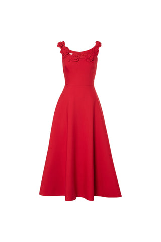 ULA EMBELLISHED FLORAL ROUND NECK MIDI DRESS IN RED