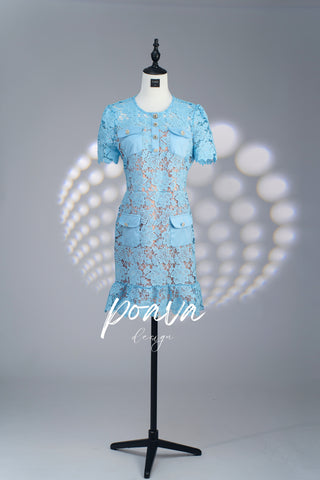 Short Sleeve Embroidered Floral Dress - Blue