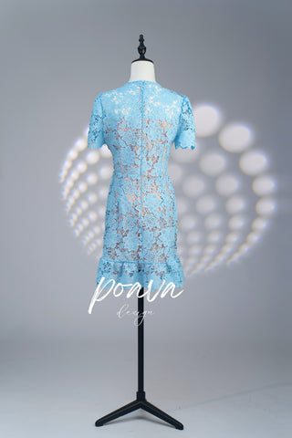 Short Sleeve Embroidered Floral Dress - Blue