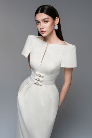 Beatrice Sheath Boat Neck Brocade maxi Dress