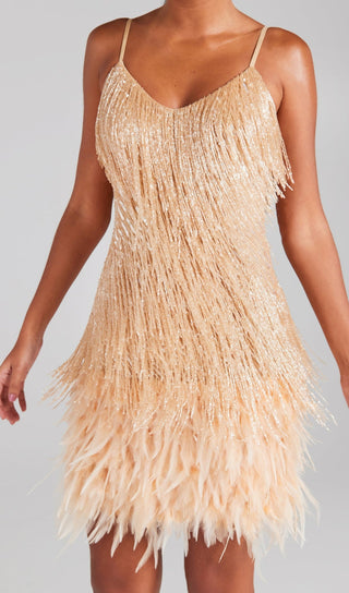 CHAMPAGNE TASSEL FEATHER MINI DRESS