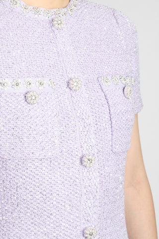 CRYSTAL-EMBELLISHED BUTTON MINI DRESS IN LILAC