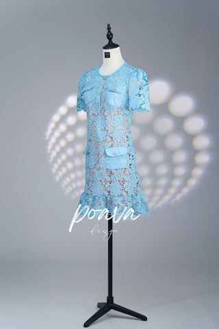 Short Sleeve Embroidered Floral Dress - Blue