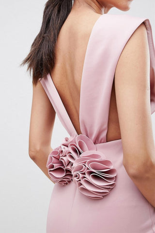 Deep Plunge Corsage Back Pephem Midi Bodycon Dress