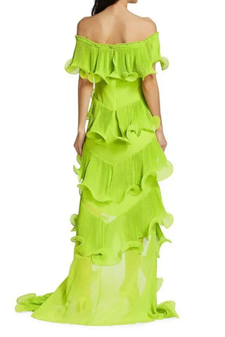 DORA GREEN OFF-SHOULDER PLEATED ORGANZA MAXI DRESS