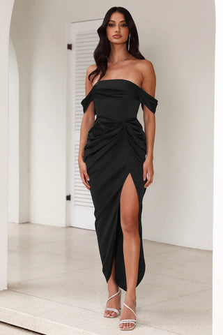 strapless satin midi dress in black