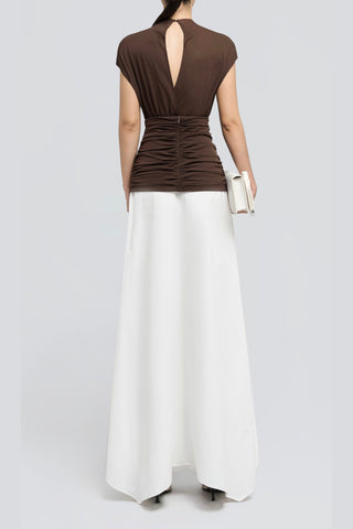 brown Waist cross pleats midi dress with asymmetric hemline