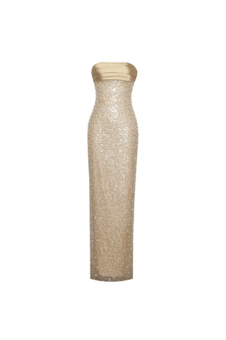 GOLD SATIN SEQUIN PEARLS BEADED MAXI DRESS