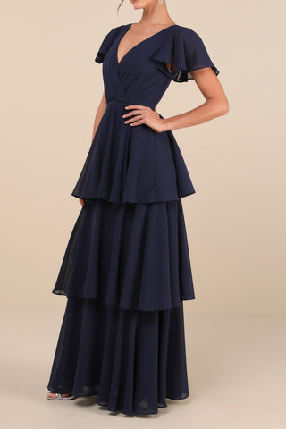 Navy Blue Short Sleeve Tiered Maxi Dress