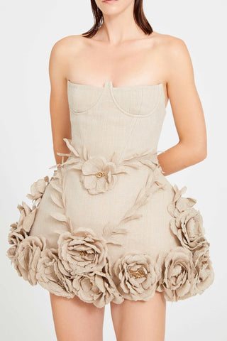 SALOME BEIGE LINEN CORSET FLOWER DETAILS MINI DRESS