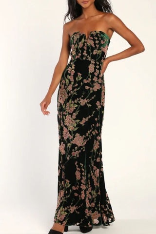 Navy Blue Floral Print Velvet Strapless Maxi Dress