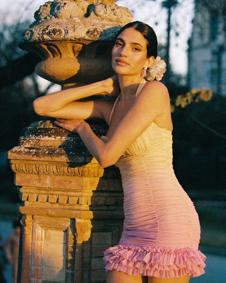 joyce pleated hem mini dress in Gradient yellow