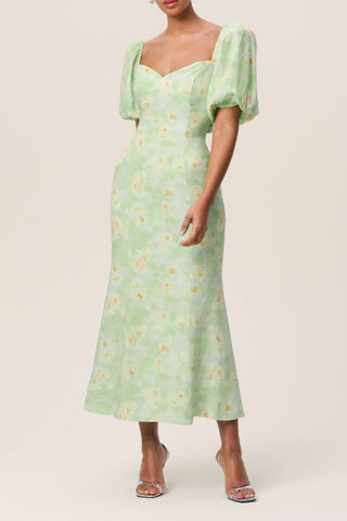 Floral puff sleeve midi dress in green