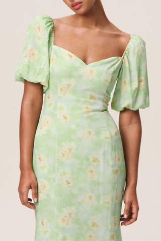 Floral puff sleeve midi dress in green