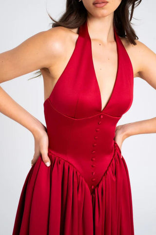 Halter backless midi dress in red