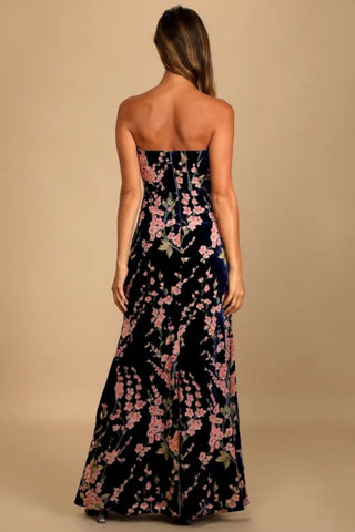 Navy Blue Floral Print Velvet Strapless Maxi Dress