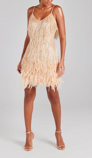 CHAMPAGNE TASSEL FEATHER MINI DRESS