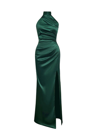 Satin bow split maxi dresses in green