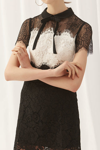 Lace white and black mini dress with bow